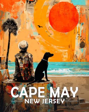 Cape May, New Jersey  Souvenir Art Print - Man and Dog Enjoy  the Sunrise on the Beach