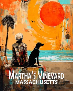 Martha's Vinyard, Massachusetts  Souvenir Art Print - Man and Dog Enjoy  the Sunrise on the Beach