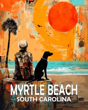 Myrtle Beach, South Carolina  Souvenir Art Print - Man and Dog Enjoy  the Sunrise on the Beach