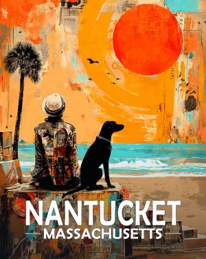 Nantucket, Massachusetts  Souvenir Art Print - Man and Dog Enjoy  the Sunrise on the Beach