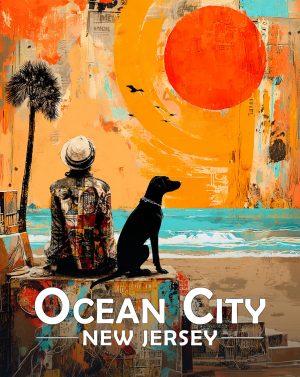 Ocean City, New Jersey  Souvenir Art Print - Man and Dog Enjoy  the Sunrise on the Beach