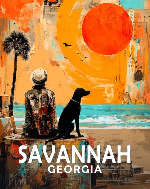 Savannah, Georgia  Souvenir Art Print - Man and Dog Enjoy  the Sunrise on the Beach
