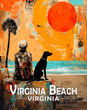 Virginia Beach, Virginia  Souvenir Art Print - Man and Dog Enjoy  the Sunrise on the Beach