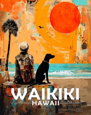 Waikiki, Hawaii  Souvenir Art Print - Man and Dog Enjoy  the Sunrise on the Beach