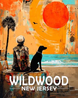 Wildwood, New Jersey  Souvenir Art Print - Man and Dog Enjoy  the Sunrise on the Beach