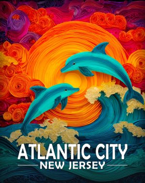 Atlantic City, New Jersey  Souvenir Art Print - Stylized Dolphins Jumping at Sunset