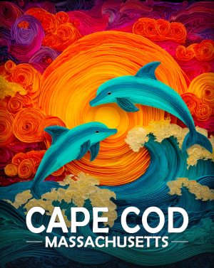Cape Cod, Massachusetts  Souvenir Art Print - Stylized Dolphins Jumping at Sunset
