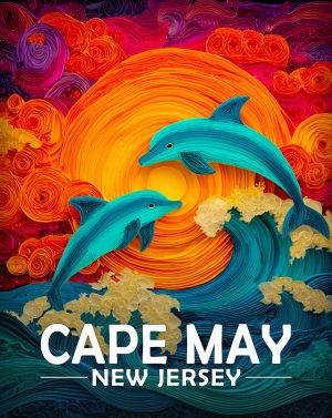 Cape May, New Jersey  Souvenir Art Print - Stylized Dolphins Jumping at Sunset
