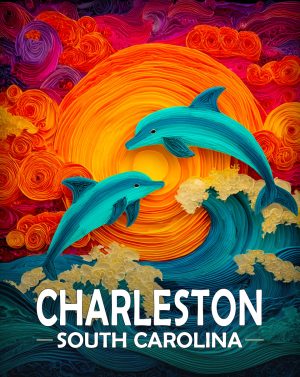 Charleston, Noth Carolina  Souvenir Art Print - Stylized Dolphins Jumping at Sunset