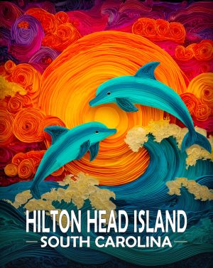 Hilton Head Island, South Carolina  Souvenir Art Print - Stylized Dolphins Jumping at Sunset
