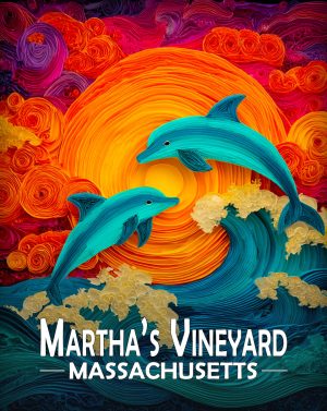 Martha's Vinyard, Massachusetts  Souvenir Art Print - Stylized Dolphins Jumping at Sunset