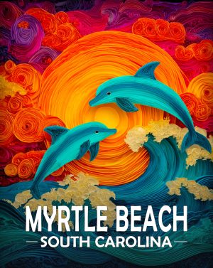 Myrtle Beach, South Carolina  Souvenir Art Print - Stylized Dolphins Jumping at Sunset