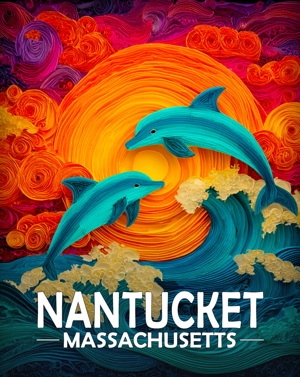 Nantucket, Massachusetts Souvenir Art Print - Stylized Dolphins Jumping at Sunset