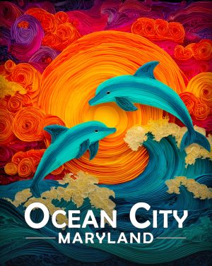 Ocean City, Maryland  Souvenir Art Print - Stylized Dolphins Jumping at Sunset