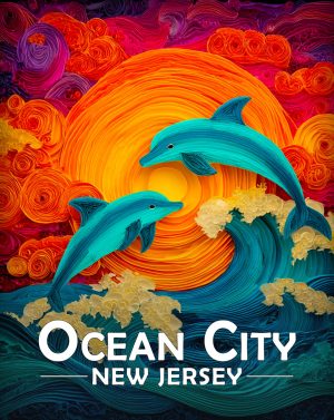 Ocean City, New Jersey  Souvenir Art Print - Stylized Dolphins Jumping at Sunset