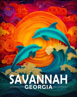 Savannah, Georgia  Souvenir Art Print - Stylized Dolphins Jumping at Sunset