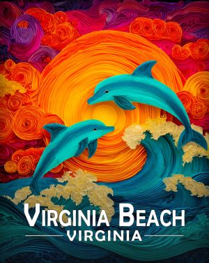 Virginia Beach, Virginia  Souvenir Art Print - Stylized Dolphins Jumping at Sunset