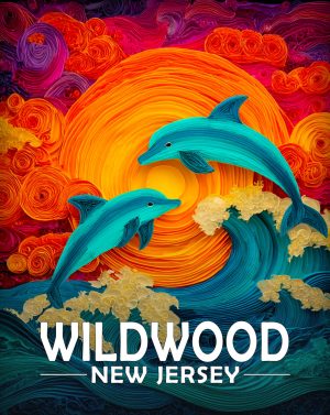 Wildwood, New Jersey  Souvenir Art Print - Stylized Dolphins Jumping at Sunset