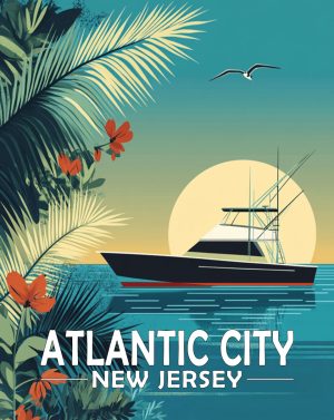 Atlantic City, New Jersey  Souvenir Art Print - Yacht at Sunrise