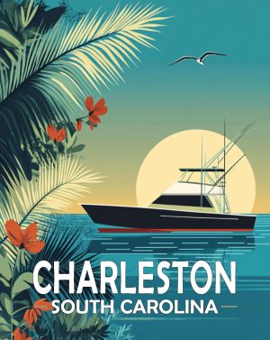 Charleston, Noth Carolina  Souvenir Art Print - Yacht at Sunrise