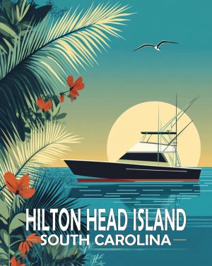 Hilton Head Island, South Carolina  Souvenir Art Print - Yacht at Sunrise