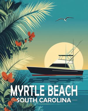 Myrtle Beach, South Carolina  Souvenir Art Print - Yacht at Sunrise