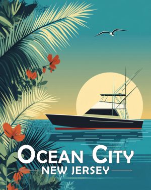 Ocean City, New Jersey  Souvenir Art Print - Yacht at Sunrise