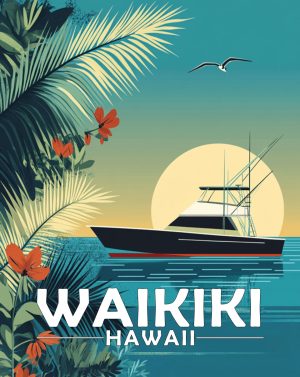 Waikiki, Hawaii  Souvenir Art Print - Yacht at Sunrise