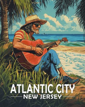 Atlantic City, New Jersey  Souvenir Art Print - Old Surfer Dude Playing Guitar
