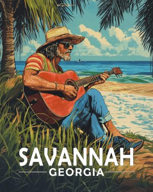 Savannah, Georgia  Souvenir Art Print - Old Surfer Dude Playing Guitar