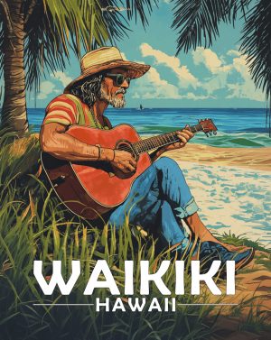 Waikiki, Hawaii  Souvenir Art Print - Old Surfer Dude Playing Guitar