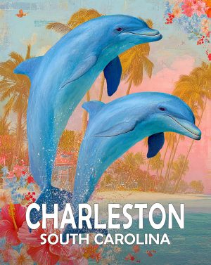 Charleston, Noth Carolina  Souvenir Art Print - Pair of Dolphins Jumping