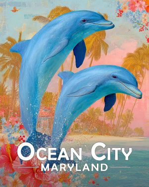Ocean City, Maryland  Souvenir Art Print - Pair of Dolphins Jumping