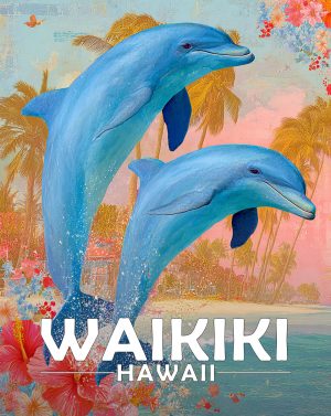 Waikiki, Hawaii  Souvenir Art Print - Pair of Dolphins Jumping