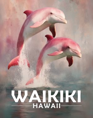 Waikiki, Hawaii  Souvenir Art Print - Pair of Pink Dolphins Jumping