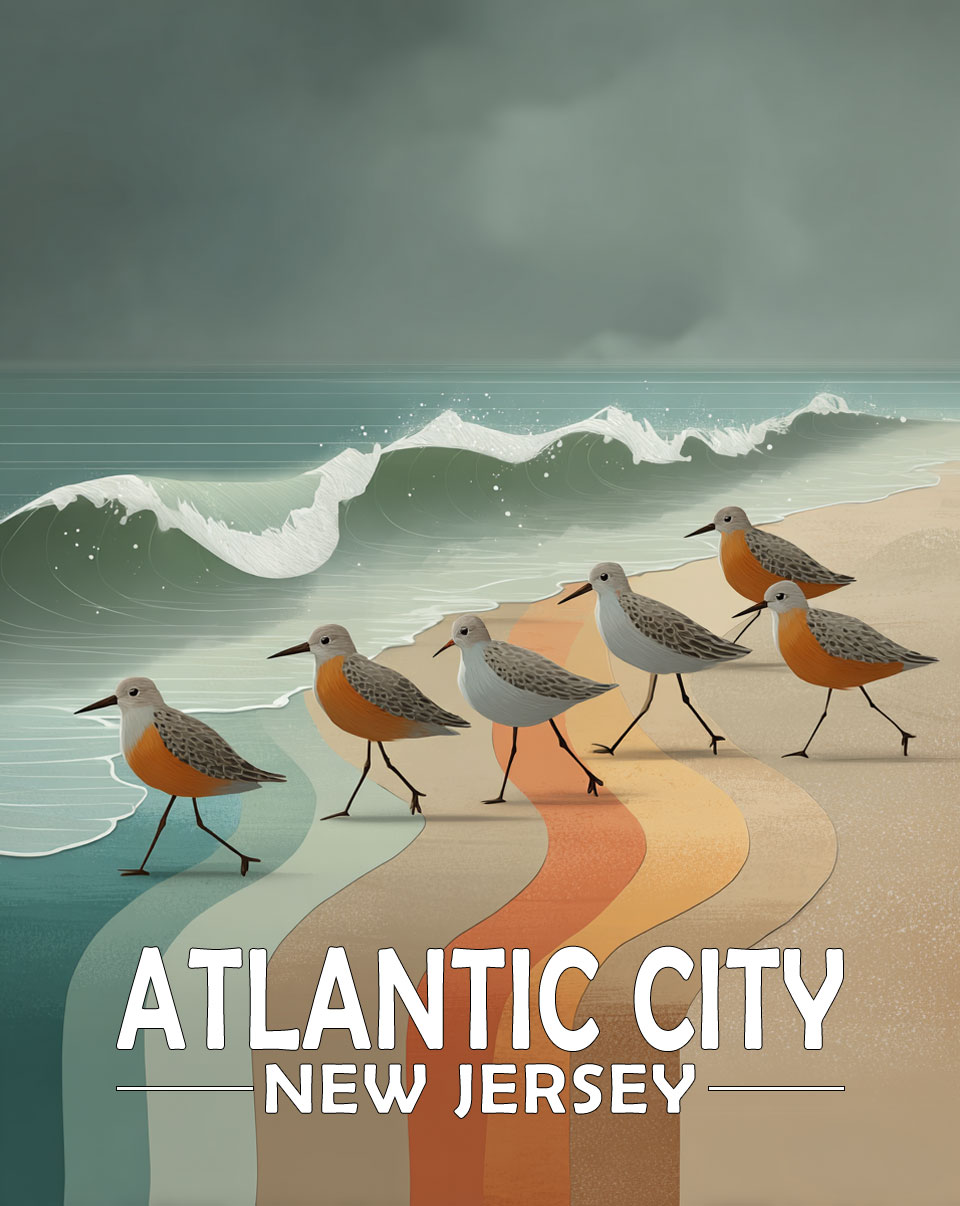 Atlantic City, New Jersey  Souvenir Art Print - Stylized Sandpipers on Beach