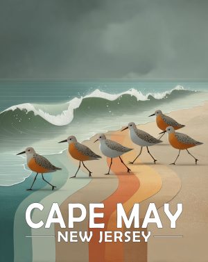 Cape May, New Jersey  Souvenir Art Print - Stylized Sandpipers on Beach