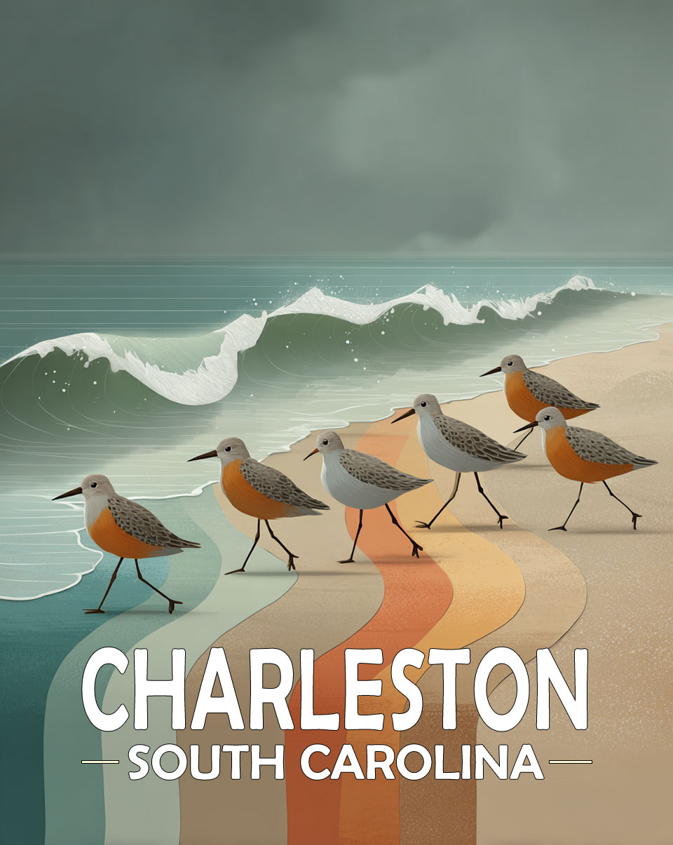 Charleston, Noth Carolina  Souvenir Art Print - Stylized Sandpipers on Beach