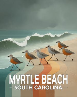 Myrtle Beach, South Carolina  Souvenir Art Print - Stylized Sandpipers on Beach