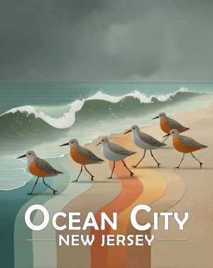 Ocean City, New Jersey  Souvenir Art Print - Stylized Sandpipers on Beach