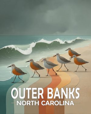 Outer Banks, North Carolina  Souvenir Art Print - Stylized Sandpipers on Beach