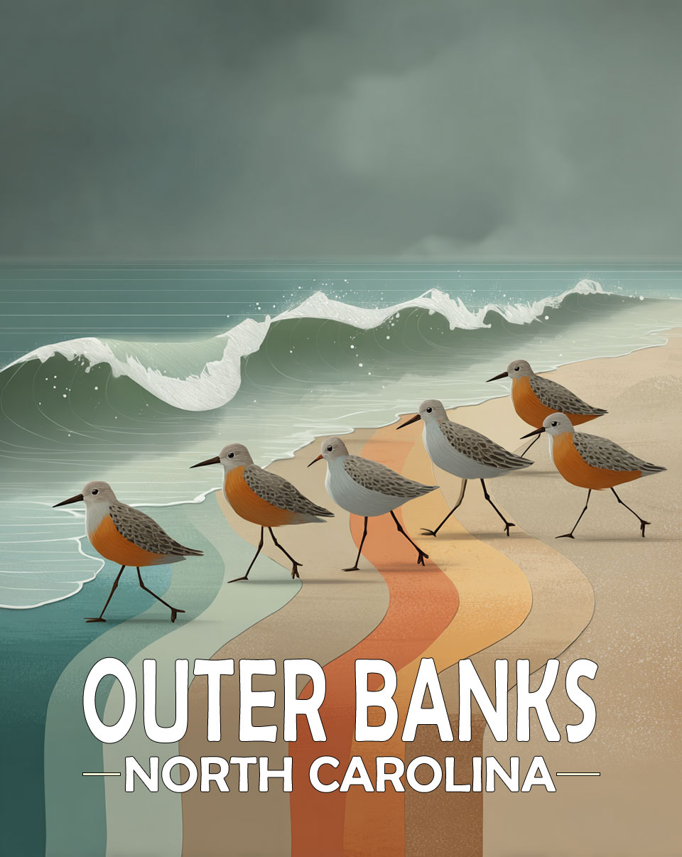 Outer Banks, North Carolina  Souvenir Art Print - Stylized Sandpipers on Beach