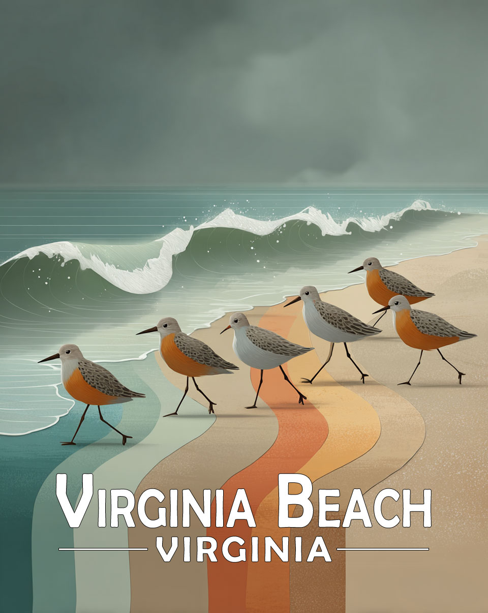 Virginia Beach, Virginia  Souvenir Art Print - Stylized Sandpipers on Beach