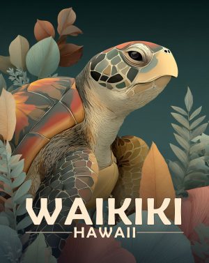 Waikiki, Hawaii  Souvenir Art Print - Antique Vintage Style Sea Turtle