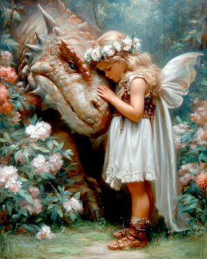 Consoling a Sad Dragon - Fairy Art Print