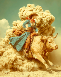 Cowgirl Riding a Wild Bull - Vintage Cowgirl Art Print