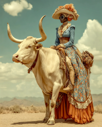 Cowgirl Riding a Longhorn Bull - Vintage Cowgirl Art Print