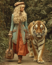 Victoria Walking Her Tiger - Vintage Style Cowgirl Art Print