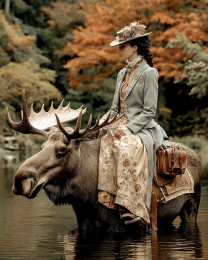Rebecca Riding an a Bull Elk - Vintage Style Cowgirl Art Print