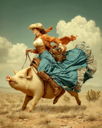 Rebecca Riding a Pig - Vintage Style Cowgirl Art Print